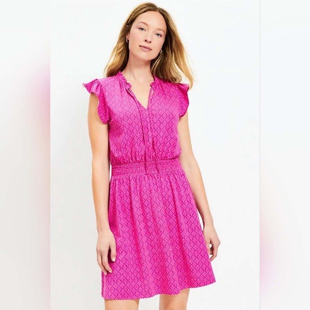 LOFT Vibrant Pink Flutter Sleeve Mini Dress In Size Medium.